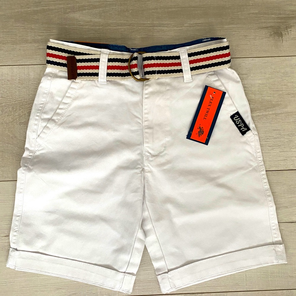 New With Tags U.S. Polo Assn. Boys white chino Flex  shorts with Belt  size 8